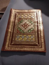 Antique Asian Leather Book Cover With Intricate 22k Gold Inlay and design art