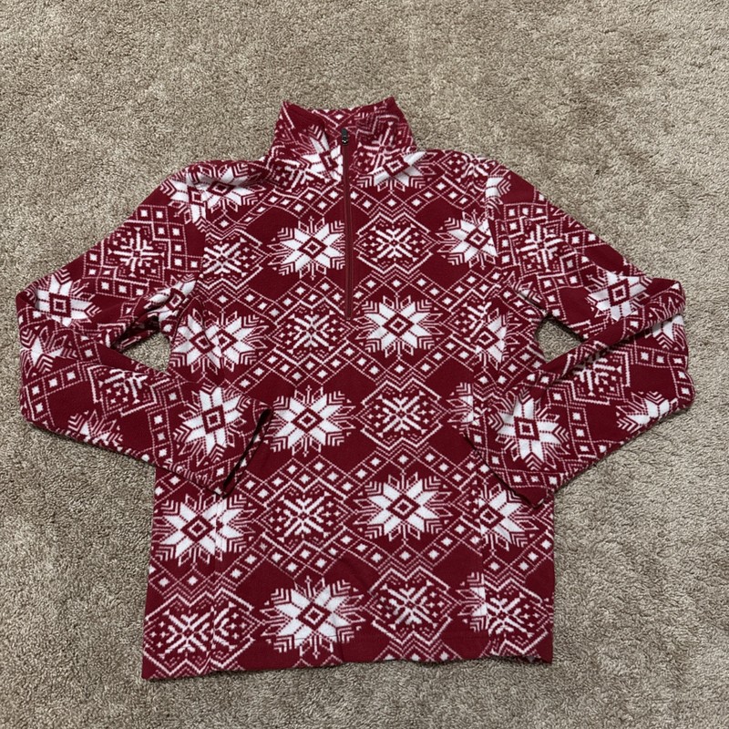 LANDS END Women’s XS 1/4 Zip Red And White LS Snowflake Fleece