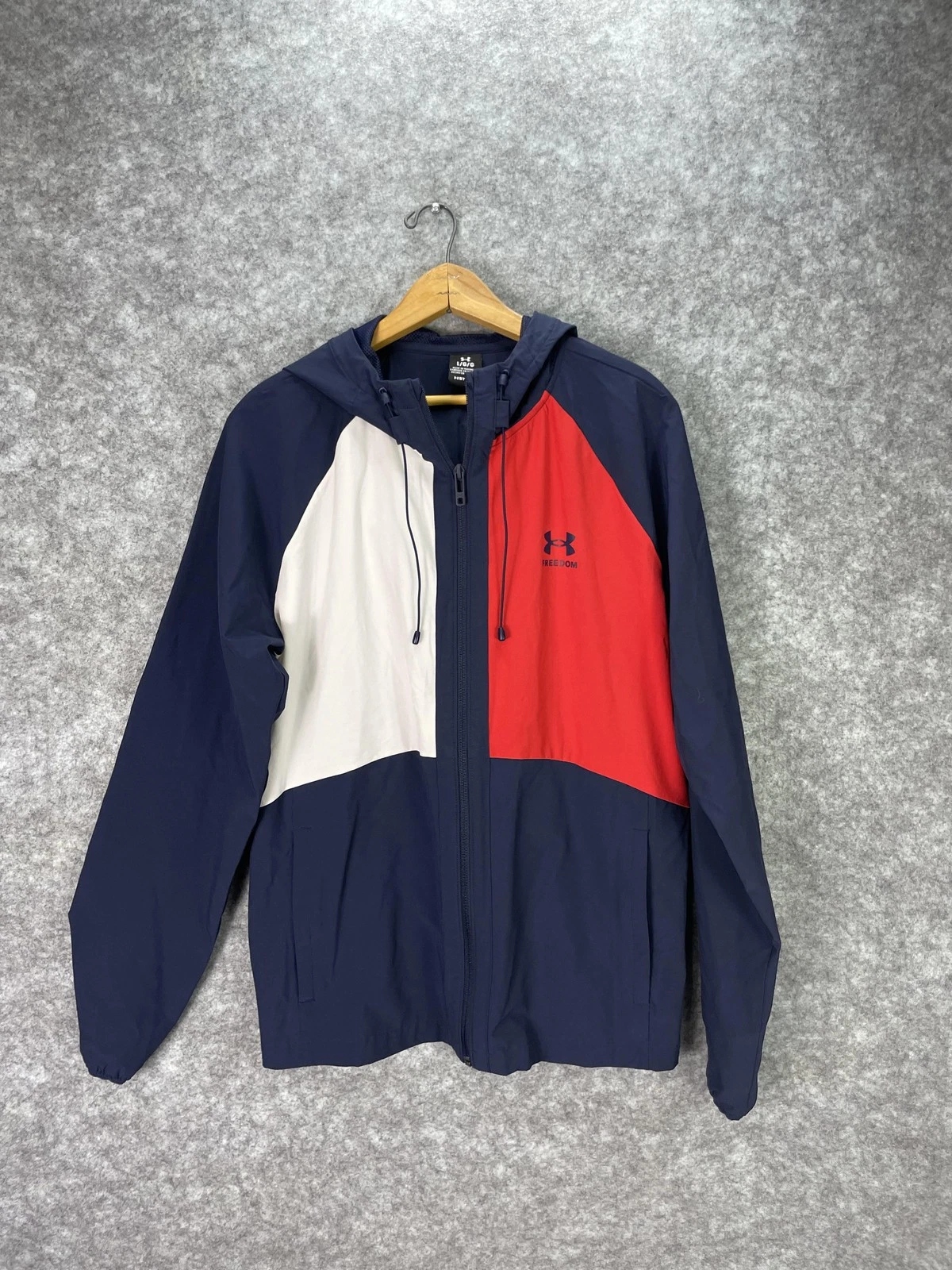 Under Armour Jacket Mens Large Navy Red Freedom Hooded Storm Windbreaker USA