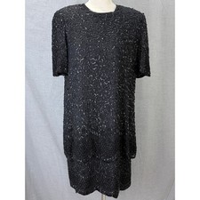 Brilliante by JA Vintage 80s Black Silk Beaded Sequin Cocktail Dress L