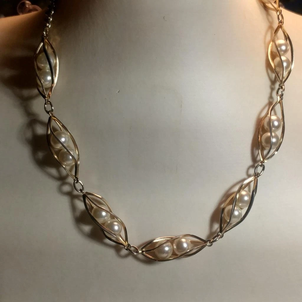 Caged Pearl Necklace Gold Cage Twist Necklace Glass Faux Pearl 15