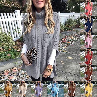 Women's Fall Winter Turtleneck Poncho Sweater Chunky Knit Cape Wrap Pullover Top