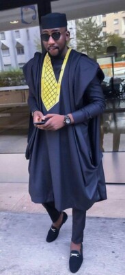 Blue-black & Yellow Agbada Babariga 3 Pieces Groom Suit African Clothing for Men