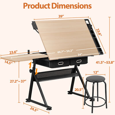 Adjustable Drawing Writing Table Stool w/ 2 Drawers for Artwork Art ...