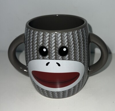 Sock Monkey Coffee Mug Double Handle Gray Ceramic Tea Cocoa Cup 14 Oz. Galerie B