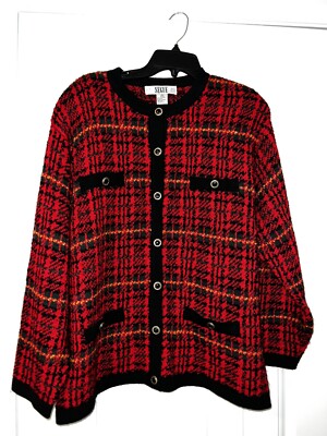 Segue VTG red acrylic sweater button down unique gold button 2XL