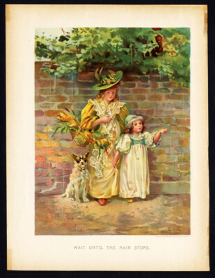 Antiker Druck - JUNGE MÄDCHEN UNTERSCHLUPF VOR DEM REGEN - HUND - 1895