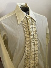 Vtg 70s Black Trimmed Yellow Formal Tuxedo Ruffle Shirt M