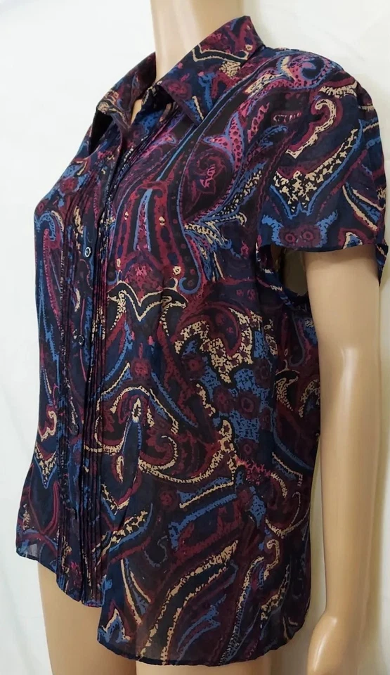 Blusa RENA ROWAN Talla 14 Azul, Borgoña Estampado Paisley Manga Corta Top Camisa Foto 2 de 4