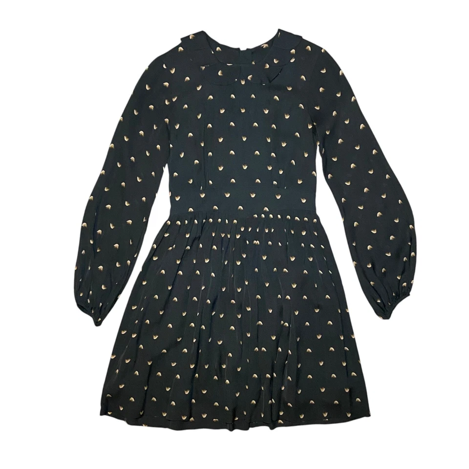Vestido Orla Kiely Estampado de Pájaro 100% Seda Cuello Peter Pan Negro Talla 6 Mangas Campana Foto 3 de 4