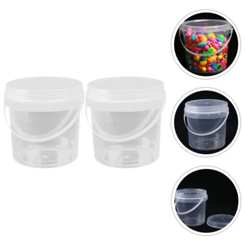 2pcs Clear Plastic Bucket with Lid for Food Storage Crafts Food Container 1L
