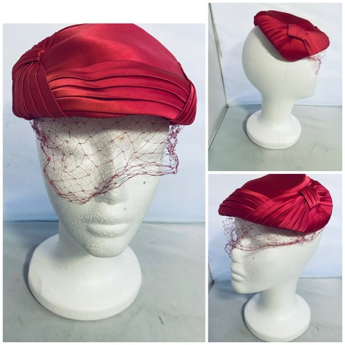 Vintage Ladies Dress Hats Pink Satin w/ Lace + Christine Original Black Feather - Picture 2 of 11