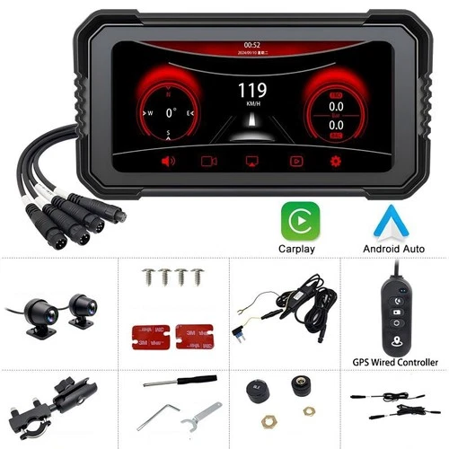 6.25''Motorcycle GPS Navigation Dual Cam Wireless CarPlay Android Auto Bluetooth
