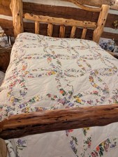 Vintage Machine Patchwork Wedding Ring Full Queen Scalloped Edges Quilt Blanket