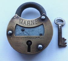 ANTIQUE WW1 BRITISH ARMY MILITARY BATTLE MARNE BRASS PADLOCK WORKING + KEY 3.34"