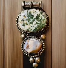 Handcrafted MOSS AGATE/DRUZY AGATE Sterling Silver Tiered Multi Gemstone Pendant