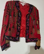 1980's Red Silk Beaded Jacket by Della Roufogali for Niteline - XL