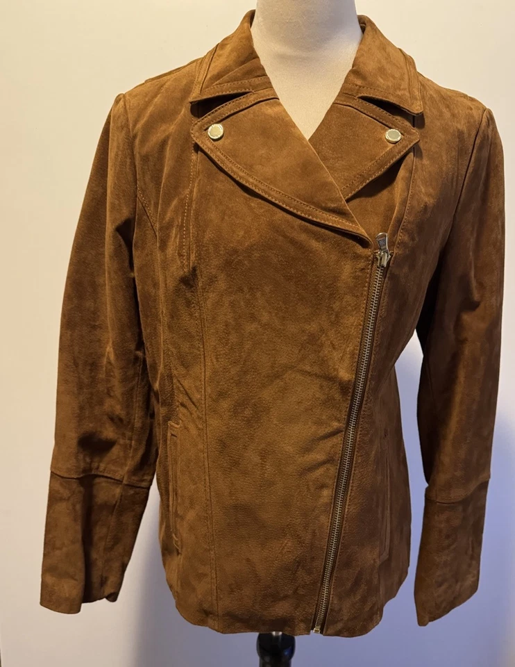 Isaac Mizrahi Motocicleta 100% Gamuza Cuero Chaqueta Marrón Talla 10 Mujer Abrigo Foto 2 de 4
