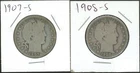 (2) Coins - 90% Silver Barber Half Dollars 1907-S, 1908-S