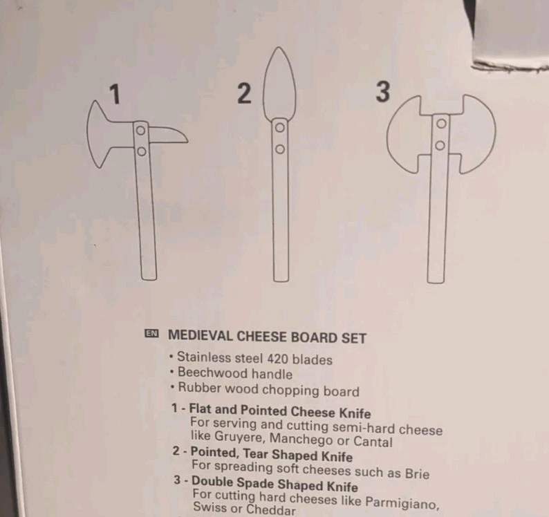 Juego de 3 cuchillos de tabla de queso medieval con soporte y escudo de madera Kikkerland CAJA ABIERTA Foto 4 de 4