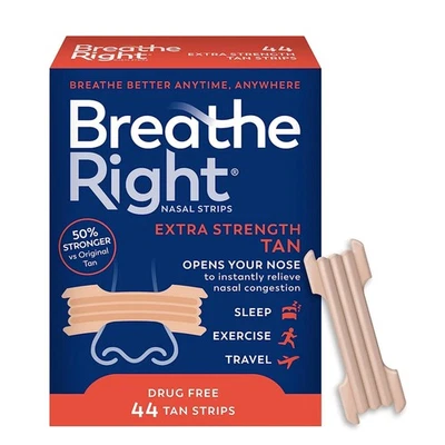 Breathe Right Tiras Nasales, Extra Fuerza, Tiras Nasales Bronceadas, Juego de 44 Tiras Nuevo