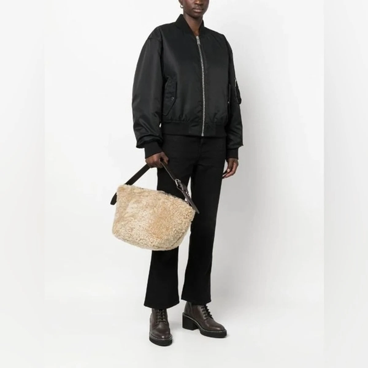 Dsquared Shearling and Leather Shoulder Bag Purse Beige Cream Brown