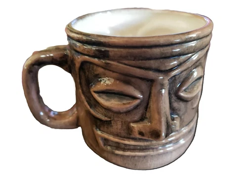 Vintage Hawaiian Pottery Larry Coffee Tiki Mug Brown Two Faced 8oz