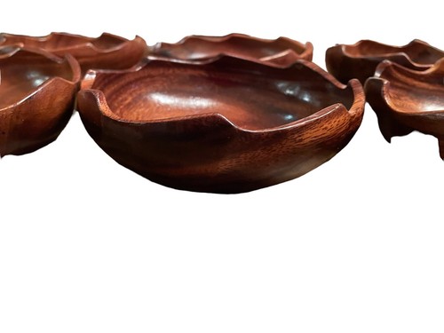 VTG Teak Wood Salad Bowl Set & Serving Bowl 8 Piece MCM Wave Tops RARE Set! - Picture 3 of 7
