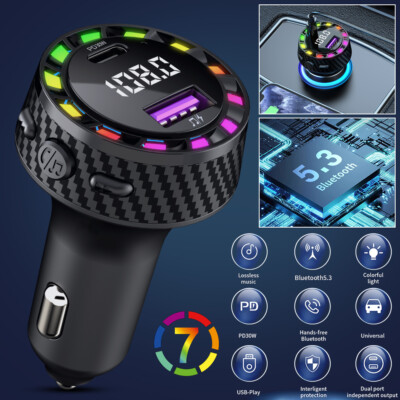 Bluetooth 5.3 FM Transmitter TF Auto MP3 Player Dual USB Ladegerät KFZ 30W PD