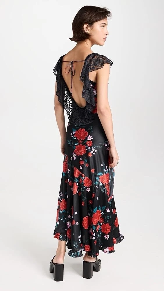 VALENTINO Abito asimmetrico nero rosso rosa velluto volant manica cravatta schiena fata capriccioso