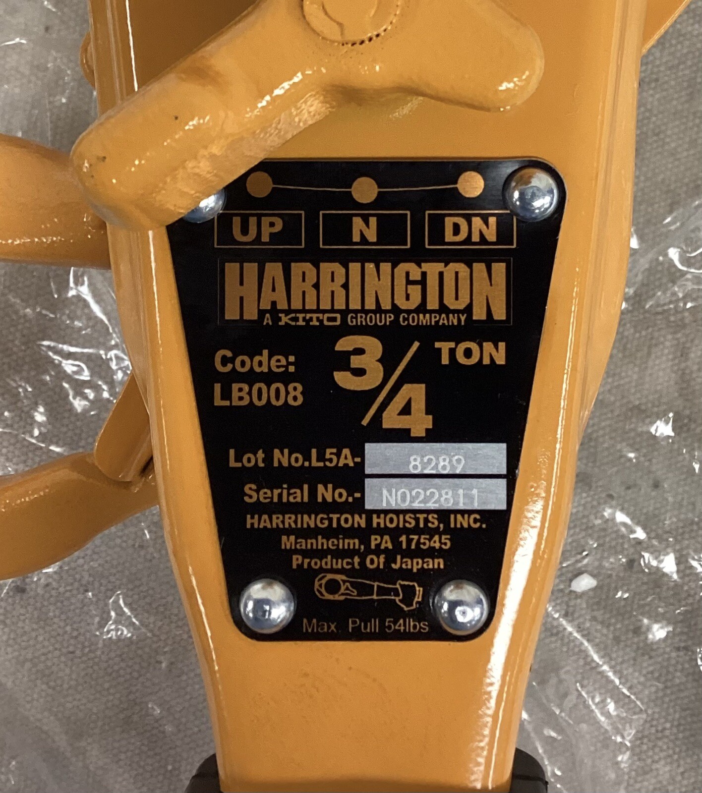 HARRINGTON LB00815 Lever Chain Hoist Hook Mounted No Trolley 1,500 lb