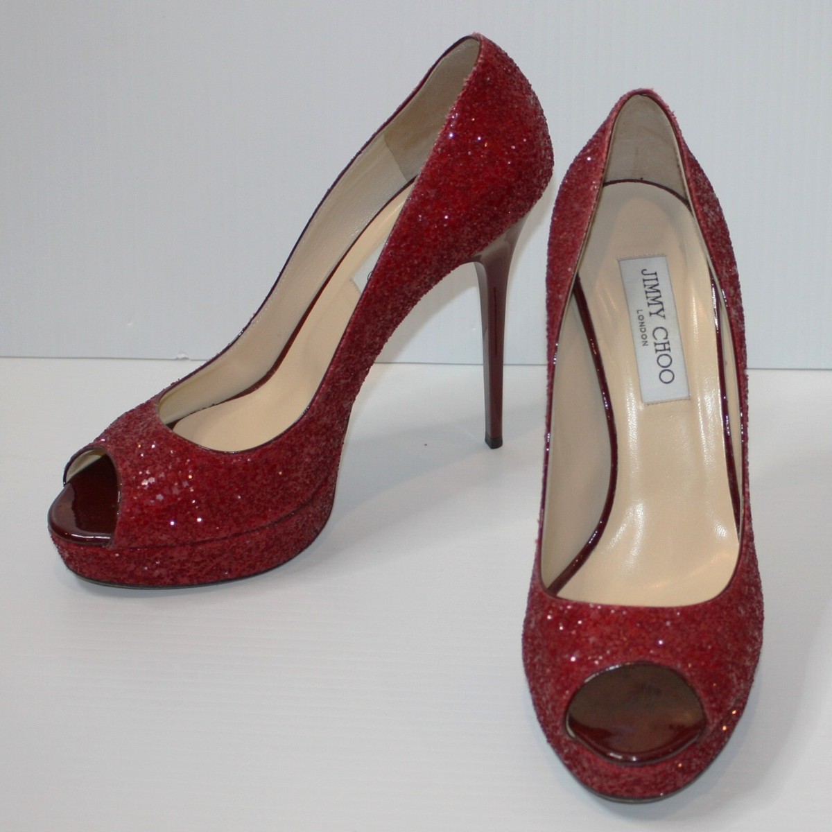 Jimmy Choo 122 mm Crown Coarse Glitter Fabric Red Pumps