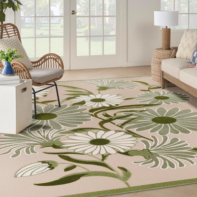 Aloha Indoor-Outdoor Ivory Green 7'10'' X 10'6'' Area Rug, Easy-Cleaning, Non-Shed