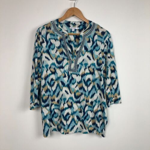 Chico's Damen 100% Leinen bedruckt 3/4 Arm Shirt Perlen Schlitz Ausschnitt Größe 3/XL