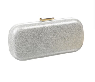 LA REGALE glitter/shimmer Minaudiere Silvermetallic clutch W/Crossbody Chain NWT