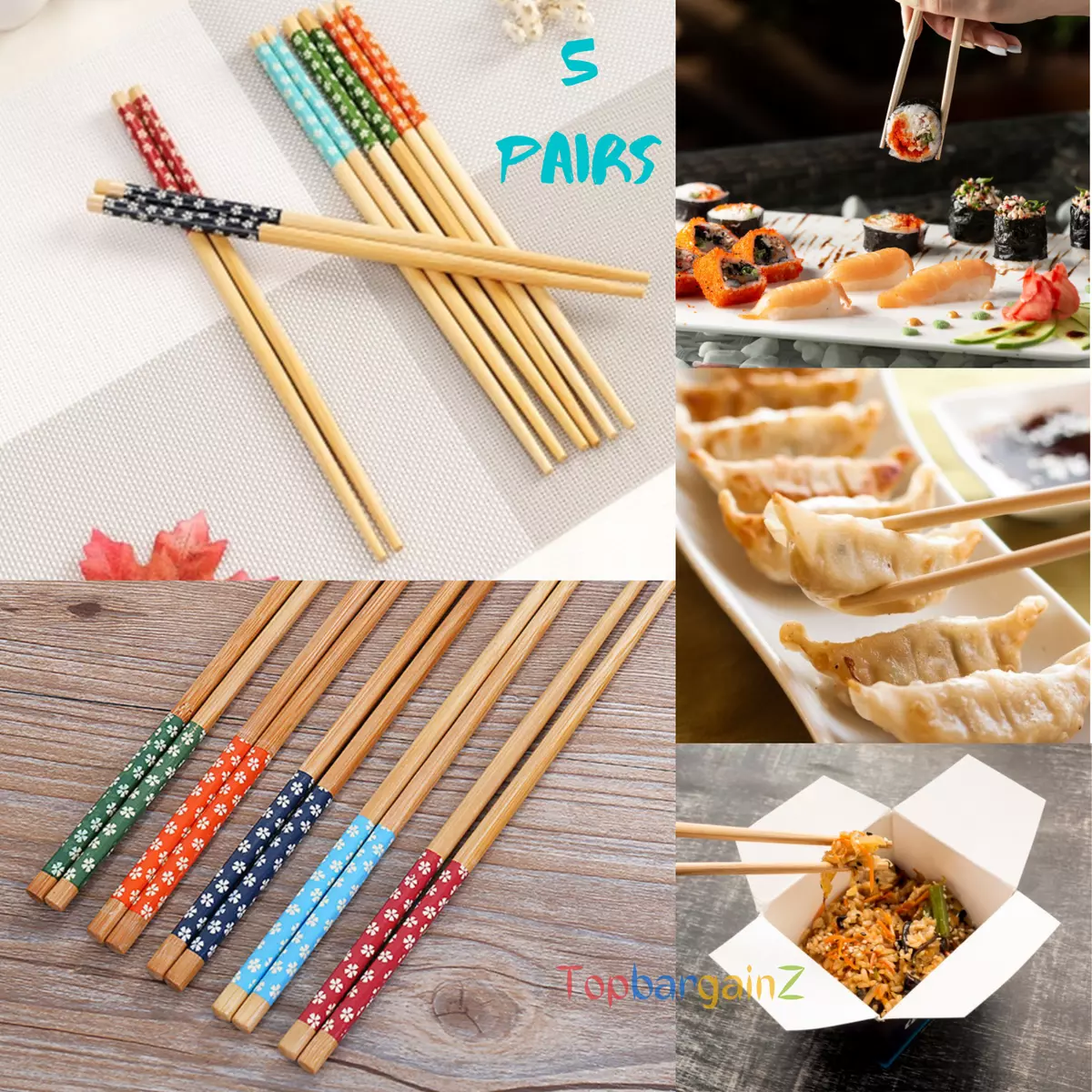 Sushi Bamboo Chopsticks Chinese Food Reusable Oriental 24cm Chop Sticks 5 pairs