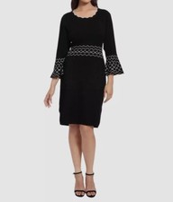 London Times Women's Black Bell Sleeve Sweater Dress Petite Size PL