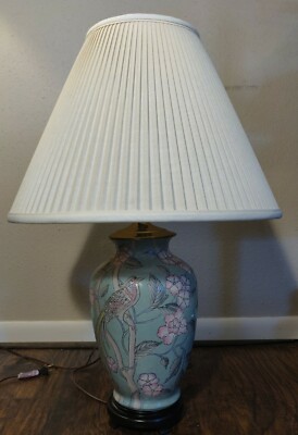 Vintage Floral Bird Green Porcelain Elegant Vase 28'' Table Lamp