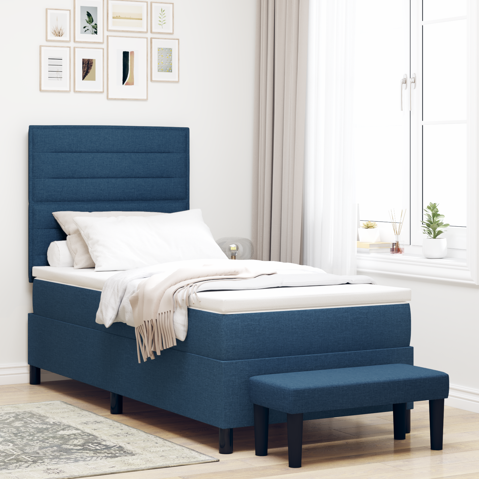 Letto a Box Spring con Materasso e Panchina Blu 80x200 cm Tessuto 2104676
