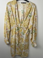 Zara Floral Mini Dress Womens L Yellow Cream Cottagecore Boho Lace Up