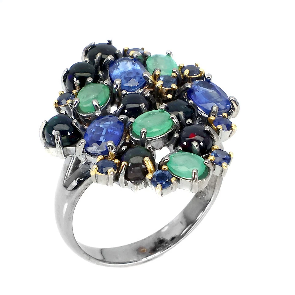 925 Anello Argento Sterling Cianite Nero Opale Gemma Smeraldo Handamde Misura 9 - Immagine 3 di 4