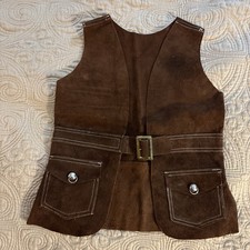Vintage Cowboy/Cowgirl kids Childs small Suede Leather Vest Buckle Front Pockets