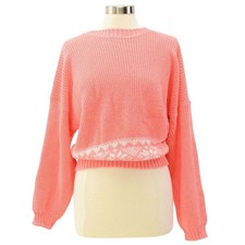 80s Vintage Womens Pink Snow Flake Relaxed Fit Sweater L Fair Isle White Blouson