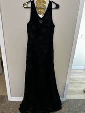 VERA WANG BLACK FLORAL TEXTURED SLEEVELESS V-NECK A-LINE LONG DRESS SZ 8