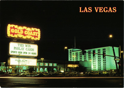 Las Vegas Nevada Gold Coast Casino Hotel Postcard 1980s Old Cars Night View