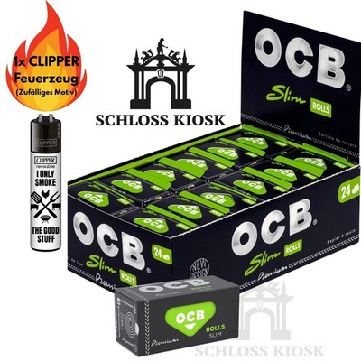 24x  Box OCB Premium Rolls Slim Papers Blättchen 4 m Papier pro Rolle + Clipper