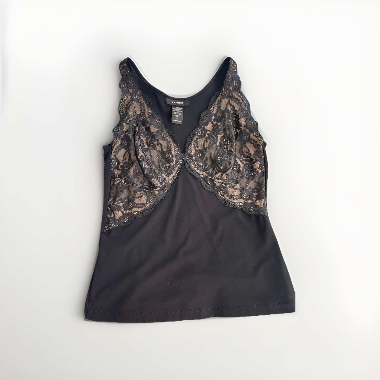 Womens Y2k Babydoll Cami V Neck Tank Top Size Med Black Lace Going Out Express
