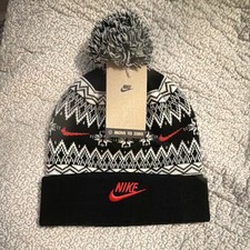 Nike Boys Knit Fair Isle Beanie Pom-Pom Logo Black White Red One Size