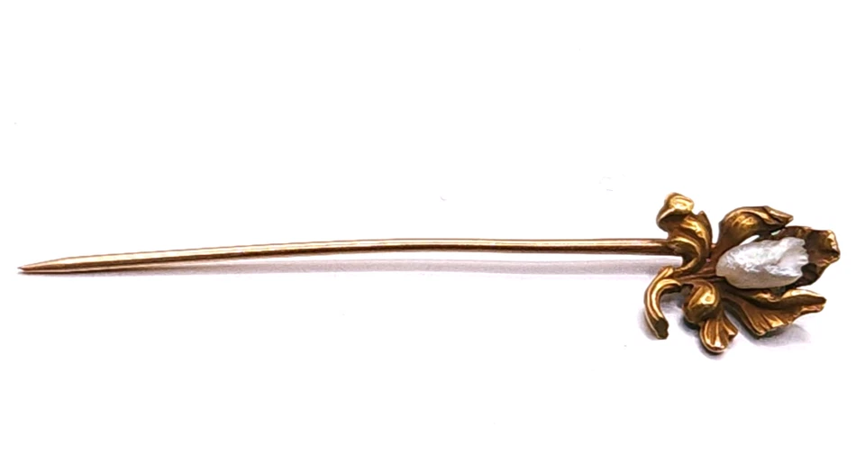 Prendedor flor vintage victoriano barroco blanco perla oro amarillo 14K Foto 2 de 4