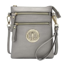 Small Multi Zipper Pockets Crossbody Bag with Detachable Wristlet Light Pewter